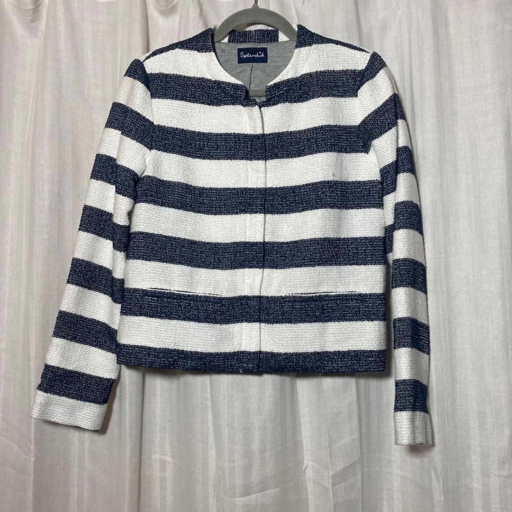 Splendid Womens Navy Blue White Striped Boucle Knit‎ Zip Front Jacket Collarless